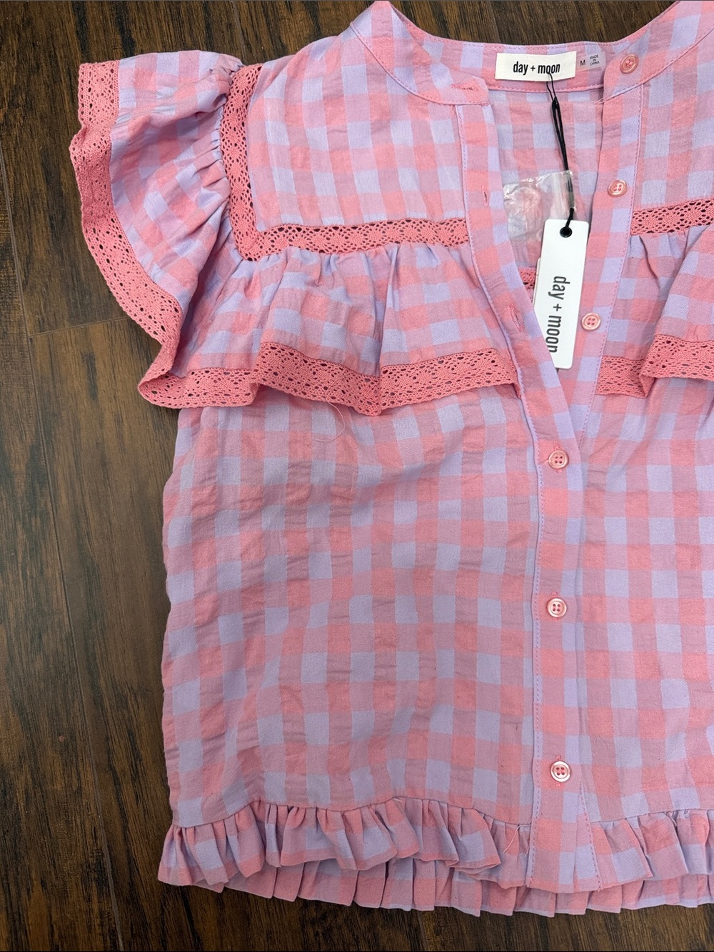 Eyelet Trim Pink Gingham Ruffle Skirt Set - Picture 4 of 4